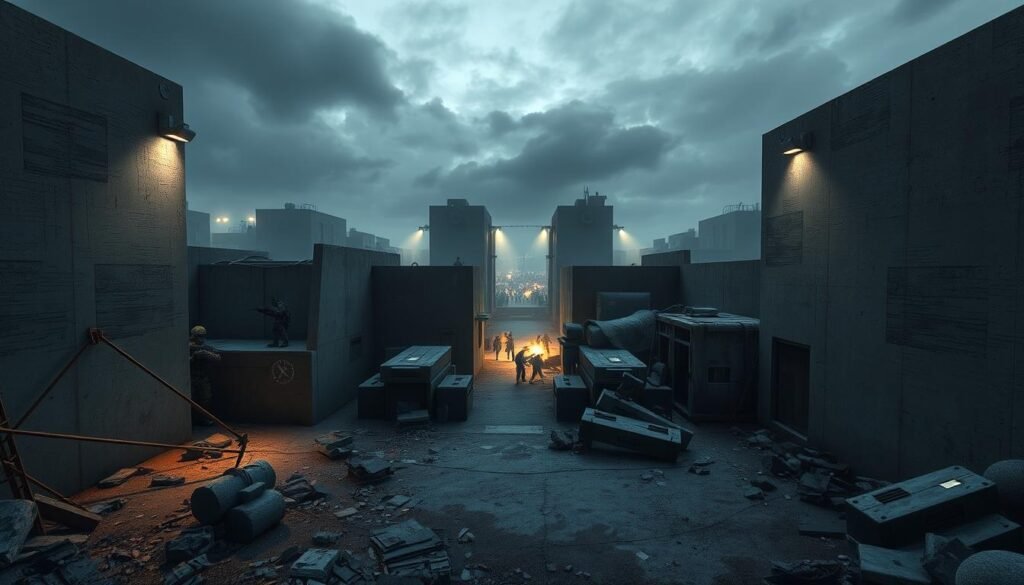 A brutalist architecture-inspired Counter-Strike 2 map scene, showcasing stark geometric shapes and rugged concrete textures in the foreground, with scattered debris and industrial elements. In the middle, a maze of imposing structures with angular façades and large, blank surfaces that evoke a sense of confinement, illuminated by harsh overhead lighting casting dramatic shadows. The background features a chaotic battlefield with players in professional tactical gear positioned strategically among the structures, emphasizing the intensity of gameplay. The atmosphere is tense and moody, with a dusky sky filtering through a numbing fog, creating a visceral sense of urgency that reflects the brutal aesthetic of the game.