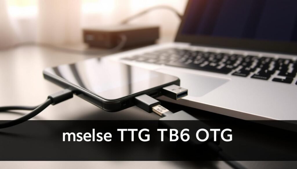 A close-up image of an Android smartphone connected to a USB OTG (On-The-Go) cable, with a USB flash drive plugged into the other end. The smartphone screen displays a clear interface showing data transfer icons and folders, symbolizing the process of transferring files. The background features a softly blurred workspace with a laptop and external hard drive, creating a tech-savvy atmosphere. The lighting is bright but soft, highlighting the devices without harsh shadows, and the angle captures the smartphone and USB connection prominently in the foreground. The overall mood is professional and instructive, suitable for a tech article.