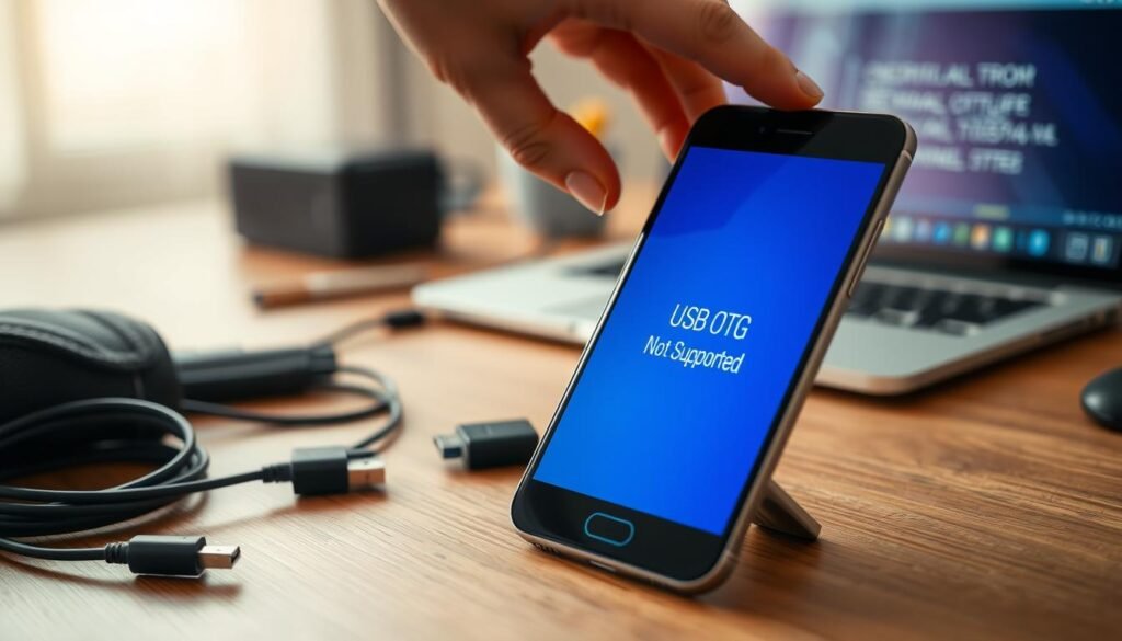 A close-up shot of a modern smartphone displaying a "USB OTG Not Supported" error message on its screen, set against a wooden desk background scattered with USB OTG cables and a small adapter. The phone is in focus, showcasing its sleek design, with a warm lighting effect that creates a professional and inviting atmosphere. In the middle ground, a user's hand is reaching towards the phone, conveying a sense of urgency and troubleshooting. Behind, a blurred laptop screen hints at tech support, ensuring the focus remains on the smartphone. The image captures a mood of determination and problem-solving, with a slight depth of field for a professional, polished look.
