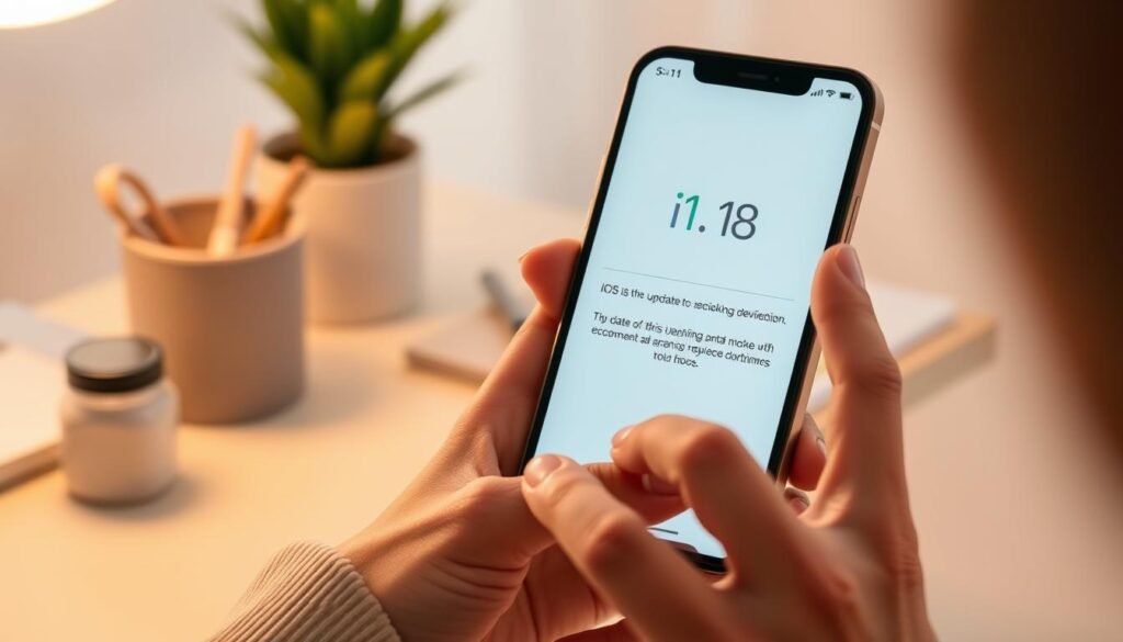 A close-up shot of a person's hands interacting with an iPhone, the screen displaying the iOS 18 update interface. The background is a clean, minimalist workspace with a desk, office supplies, and a plant. Soft, warm lighting illuminates the scene, creating a calming and focused atmosphere. The user's expression conveys a sense of concentration and excitement as they navigate through the update process. The image should emphasize the user-friendliness and intuitive design of the iOS 18 update, highlighting the seamless experience of updating a mobile device.