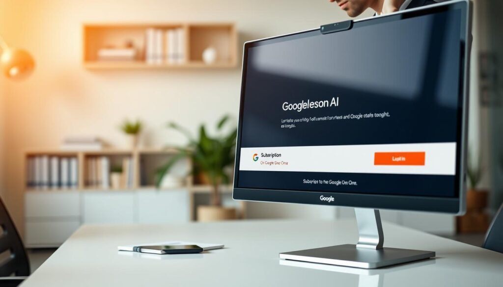 A close-up view of a modern computer screen displaying the Google One AI subscription interface, set in a stylish, professional office environment. The foreground features an individual in smart casual attire, thoughtfully exploring the subscription options on the screen, with their face partially visible, reflecting curiosity and engagement. In the middle, an elegant desk with minimalistic accessories such as a smartphone and notebook enhances the professional setting. The background shows soft-focus bookshelves and indoor plants, creating a welcoming atmosphere. Warm, natural lighting subtly illuminates the scene, highlighting the sleek design of the interface. The overall mood is one of innovation and accessibility, aiming to illustrate the ease of subscribing to Google One AI.