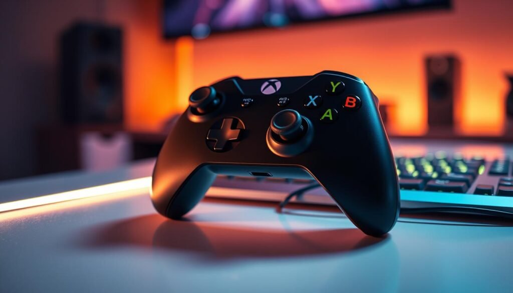 A close-up view of an Xbox controller, showcasing its battery level indicator prominently on the front. The controller is resting on a sleek, modern gaming desk with subtle reflections on its surface. In the background, dimmed gaming ambient lighting casts a warm glow, enhancing the mood of a gaming environment. A soft focus effect on the background adds depth, while the foreground is crystal clear, emphasizing the intricate details of the controller's buttons and the battery indicator. The setting conveys a sense of calm and focus, ideal for a gamer checking their battery level before a session. The scene is captured with a shallow depth of field, ensuring the controller stands out against the softly blurred environment.