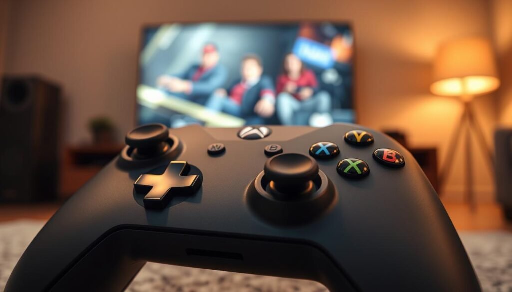 A close-up view of an Xbox controller, showcasing its sleek and modern design. The foreground features the controller emphasizing its sculpted grips, vibrant button colors, and textured surfaces. In the middle ground, include subtle reflections highlighting the glossy finish of the controller's casing. The background is softly blurred, incorporating a gaming environment with dim lighting and an ambient glow from a television screen displaying a video game title. Utilize a warm color palette to enhance a cozy mood, emphasizing the controller's functional design with an intricate focus on its buttons and thumbsticks. Use soft, natural lighting to convey the tactile details and maintain a clean, professional aesthetic.