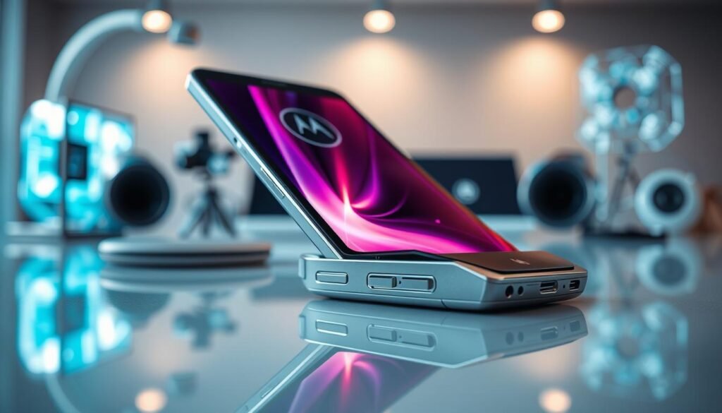 A close-up view of the Motorola Razr 50 Ultra smartphone in its flipped open position, showcasing its sleek, modern design. The device boasts a large external display with vibrant colors and high resolution, set against a stylish, minimalistic workspace. In the foreground, details of the smartphone's edge, buttons, and camera can be seen, emphasizing its premium craftsmanship. The middle ground features a subtle reflection of the device on a polished surface, while the background is softly blurred with hints of technology-themed decor to create a professional atmosphere. The lighting is bright and soft, highlighting the contours and textures of the phone. The overall mood conveys sophistication and innovation, suitable for a tech-savvy audience.