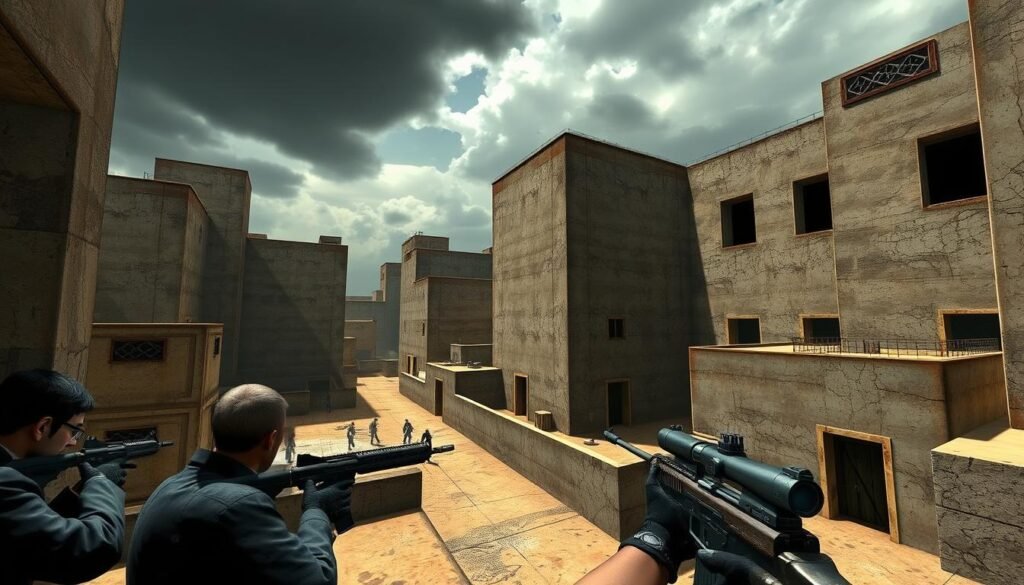 A detailed and dynamic illustration of a Counter-Strike 2 map, showcasing a brutalist architecture style. In the foreground, players in professional business attire strategize while positioned behind cover, emphasizing the competition. The middle ground features stark, angular buildings with raw concrete textures and large open spaces designed for tactical gameplay. In the background, a dramatic, moody sky casts deep shadows, enhancing the intensity of the scene. Harsh lighting highlights the contrasting surfaces of the structures, adding depth to the environment. Capture the atmosphere of a strategic battleground where players navigate through obstacles and hone their skills. Angle the view to provide a slightly elevated perspective, giving a clear view of the intricate layout of the map, emphasizing its design's impact on combat flow and strategy.