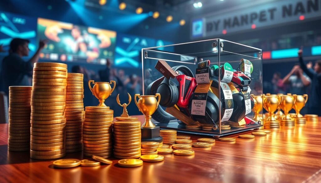 A detailed and visually engaging illustration of the components of a tournament prize pool for e-sports. In the foreground, stack piles of gold coins and shimmering trophies, symbolizing rewards, are arranged neatly on a polished wooden table. In the middle ground, a large transparent acrylic prize pool container filled with colorful gaming accessories such as controllers, headsets, and game discs, each tagged with various prize amounts. In the background, blurred outlines of e-sports event scenes and cheering fans create an energetic atmosphere. Soft, focused lighting accentuates the shine of the coins and trophies, creating a celebratory mood. The image is shot at a low angle to emphasize the grandeur of the prize pool components, inviting the viewer to appreciate the excitement of competitive gaming.