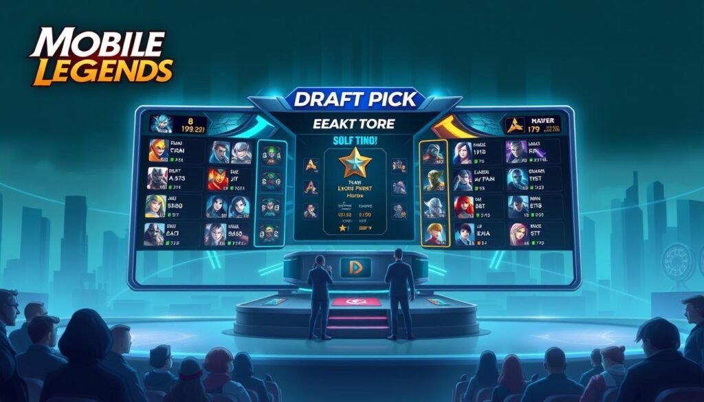 A detailed digital illustration of the core mechanics of the draft pick system in the mobile game Mobile Legends. The foreground depicts a roster of character icons representing the different heroes available for selection, with a central focus on a large, interactive draft pick interface. The middle ground showcases a team-based selection process, with players choosing their heroes amidst a dynamic, futuristic user interface. The background features a subdued, teal-hued cityscape, conveying a sense of a competitive e-sports tournament setting. The lighting is crisp and clean, with a slight cinematic vignette to enhance the mood. The overall composition emphasizes the strategic decision-making and team-based nature of the draft pick mechanic.