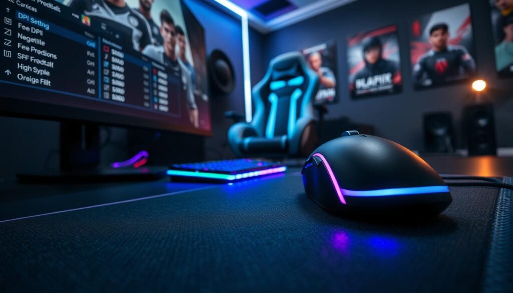 A detailed gaming setup featuring a close-up of a computer mouse with various DPI settings displayed on a high-resolution monitor. In the foreground, the mouse sits on a sleek mousepad with a textured surface, reflecting bright RGB lighting in shades of blue and purple. The middle ground includes a gaming keyboard with vibrant backlighting, adjacent to the mouse. In the background, a dimly lit room showcases a modern gaming chair and posters of popular esports players on the walls. The scene is illuminated by LED lights, creating a futuristic atmosphere. The angle captures the essence of serious gaming with a focus on optimal in-game sensitivity settings, evoking concentration and determination among gamers.