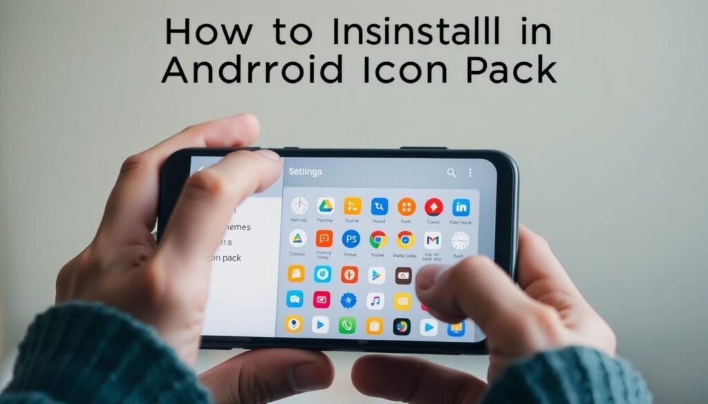 A detailed, step-by-step guide to installing an Android icon pack, showcasing the process on a modern smartphone display. The foreground depicts hands intuitively navigating through the phone's settings, highlighting the "Themes" or "Wallpaper & style" menu. The middle ground features the icon pack selection screen, with a variety of colorful, minimalist icons in a grid layout. The background provides a blurred, yet distinctive Material You or Neumorphic design aesthetic, creating a sense of depth and visual harmony. Soft, diffused lighting illuminates the scene, conveying a clean, professional, and instructional tone suitable for a how-to guide. A detailed, step-by-step guide to installing an Android icon pack, showcasing the process on a modern smartphone display. The foreground depicts hands intuitively navigating through the phone's settings, highlighting the "Themes" or "Wallpaper & style" menu. The middle ground features the icon pack selection screen, with a variety of colorful, minimalist icons in a grid layout. The background provides a blurred, yet distinctive Material You or Neumorphic design aesthetic, creating a sense of depth and visual harmony. Soft, diffused lighting illuminates the scene, conveying a clean, professional, and instructional tone suitable for a how-to guide.