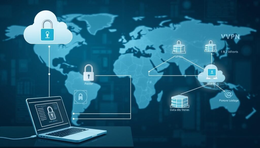 A detailed, technically-accurate diagram of the inner workings of a Virtual Private Network (VPN) system. The foreground shows the user's device connecting to a VPN server through encrypted protocols, with clear visualization of the data flow and security layers. The middle ground depicts the global network infrastructure, with server locations and data centers linked by secure tunnels. The background features a softly-lit, abstract representation of the internet, emphasizing the protective role of the VPN. The overall aesthetic is clean, informative, and technically-oriented, capturing the essence of how a VPN functions to safeguard online activities.