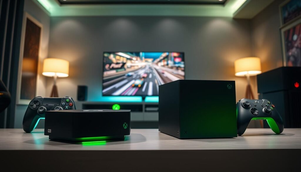 A dynamic comparison of the Xbox Series X and previous generation gaming consoles displayed in a modern, sleek gaming environment. In the foreground, feature the Xbox Series X, highlighting its striking design with vibrant green LED accents. Place two previous generation consoles, like the PlayStation 4 and Xbox One, beside it to show their differences in size and style. In the middle ground, include an elegant gaming setup with a high-definition monitor showcasing a fast-paced game. The background should have a stylish gaming room with ambient lighting, creating an immersive atmosphere. Use dramatic lighting to emphasize the consoles, with a slightly tilted angle for a dynamic perspective. The mood should evoke excitement and innovation in gaming technology.