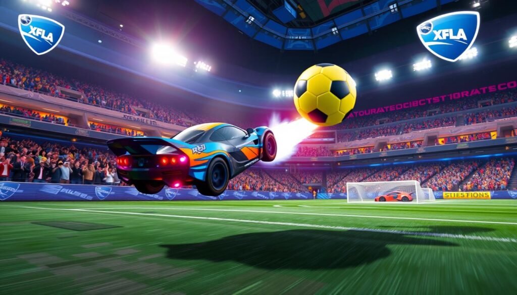 A dynamic scene showcasing a high-stakes Rocket League match on an Xbox Series X, emphasizing a sleek, futuristic car performing an aerial flip to hit a glowing ball. In the foreground, the car is vividly designed in bright colors, showcasing the game's iconic decals and details, with motion blur to convey speed. The middle ground features an audience of cheering fans in a packed digital stadium, illuminated with ambient lighting and dynamic effects, enhancing the sense of excitement. The background displays a vibrant sports arena, filled with banners and team logos, under dramatic stadium lights, creating an electric atmosphere. The image embodies the thrill of competitive gaming at 120 fps, capturing the responsive gameplay and intensity of Rocket League.