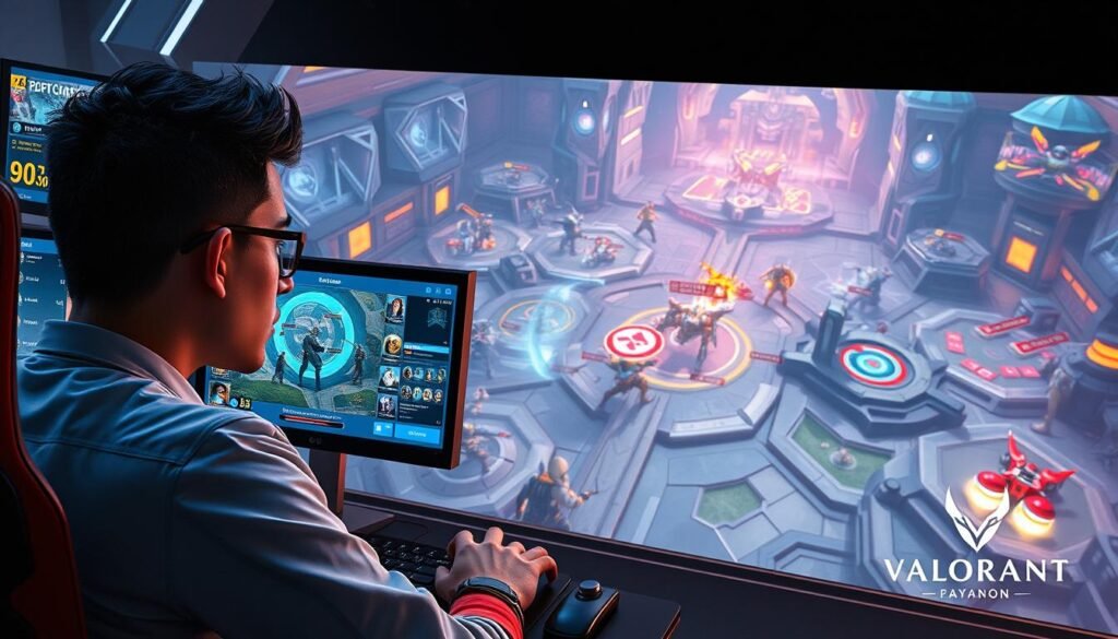 A dynamic scene showcasing the mechanisms of "Valorant," featuring an action-packed digital environment. In the foreground, a skilled player strategizes, clad in professional esports attire, eyes focused on multiple screens displaying game statistics and map layouts. The middle ground shows a colorful representation of various game characters engaged in a tactical battle, employing unique abilities and skills. The background is filled with intricate game environments reflecting the blend of futuristic architecture and lively combat arenas. Soft, ambient lighting highlights the intensity of the gameplay, while strategic geometric shapes create a sense of depth and urgency. The atmosphere is electric and intense, encapsulating the core essence of reflex and decision-making challenges faced by players.