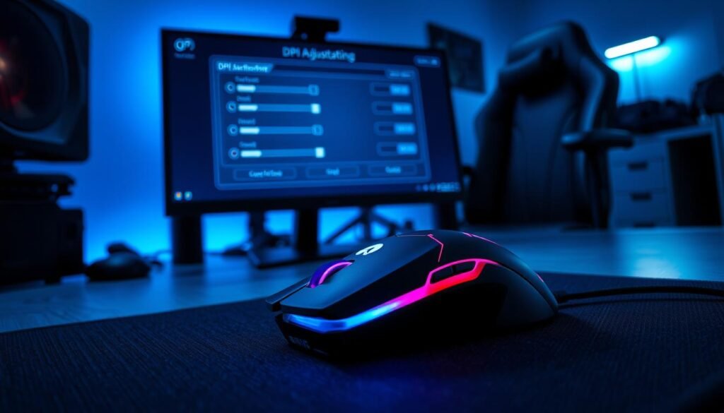 A focused scene of a professional gaming setup, featuring a high-end mouse and an adjustable DPI settings interface on a sleek monitor. In the foreground, a gaming mouse with vibrant RGB lighting, positioned prominently on a textured mouse pad, highlighting its advanced features. The middle ground shows a computer screen displaying a digital DPI adjustment software, with sliders and settings visible, illuminated by soft blue lighting. In the background, a modern gaming chair and a clutter-free desk environment, emphasizing a professional atmosphere. The lighting is cool and dynamic, casting subtle reflections on the surfaces. The overall mood is intense and focused, reflecting the serious commitment of gamers in e-sports who sometimes follow pro player settings without personal adaptation.