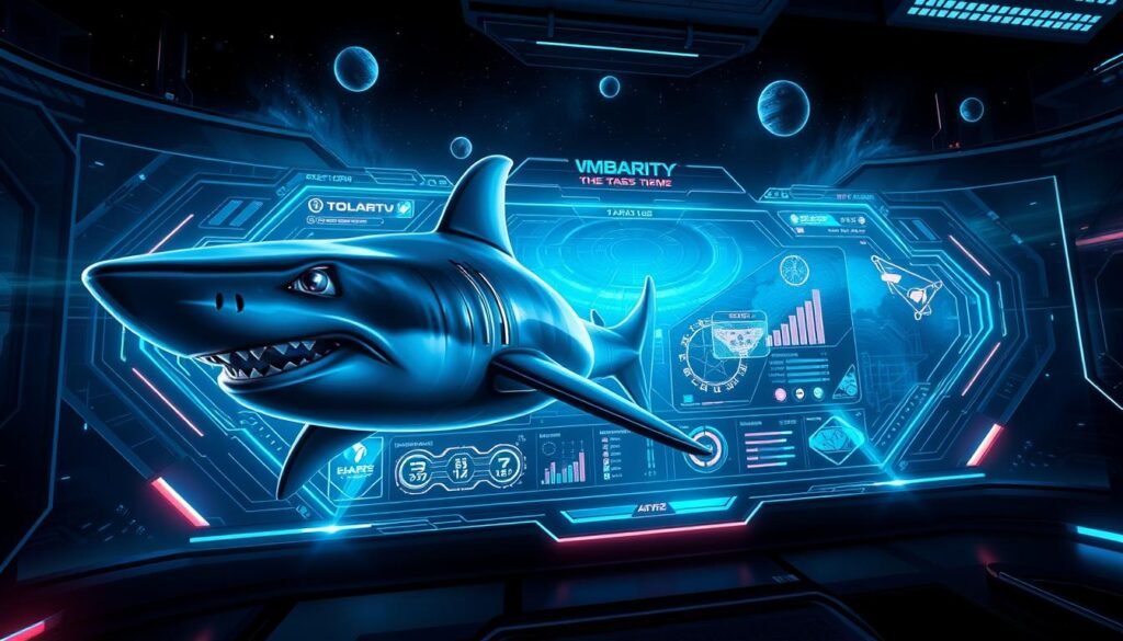 A futuristic gaming interface inspired by a shark theme, featuring sleek angular designs and glowing elements. In the foreground, include a stylized representation of a shark, seamlessly integrated with high-tech graphics. The middle ground showcases a digital dashboard filled with dynamic icons, game stats, and vibrant holographic displays, reflecting an immersive gaming experience. The background should be a cosmic scene with stars, planets, and swirling nebulae, suggesting the vastness of space. Use dramatic lighting to highlight the shark and interface, with a focus on cool blue and green hues. Capture a sense of excitement and innovation, evoking the thrill of gaming in a unique digital space.