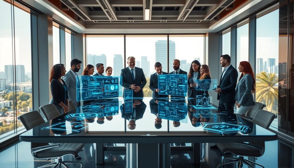 A futuristic office space showcasing the revolution of artificial intelligence in software. In the foreground, a diverse group of professionals in smart business attire, eagerly discussing innovative software designs on transparent digital screens. The middle ground features a sleek conference table surrounded by holographic displays, illustrating AI-driven software applications. The background depicts a modern cityscape through large windows, bathed in warm daylight, with a hint of greenery to reflect sustainability. The lighting is bright and optimistic, emphasizing a sense of progress and creativity. The overall mood is inspiring and dynamic, encapsulating the essence of the AI revolution in the world of software.