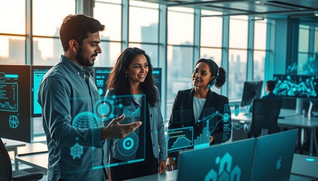 A futuristic workspace depicting the integration of AI and machine learning software. In the foreground, a diverse group of three professionals, a South Asian man, a Black woman, and a Caucasian woman, are engaged in a collaborative discussion over a holographic display showing complex data visualizations. The middle layer features high-tech computer screens and AI algorithms, interspersed with digital graphs and interconnected networks. The background displays a modern office with sleek design elements and large windows revealing a cityscape bathed in soft afternoon light. The atmosphere is dynamic and inspiring, embodying innovation and collaboration. The overall color palette blends cool blues and greens, creating a sense of advanced technology and progress.