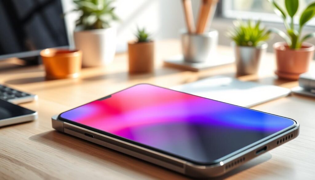 A high-quality, close-up image of a modern smartphone featuring a 6.46-inch OLED display, showcasing vibrant colors and deep blacks. The phone is positioned at an angle on a sleek, minimalistic wooden desk, with soft, natural lighting illuminating the screen, creating a warm atmosphere. In the background, there are blurred elements of a modern, eco-friendly workspace, such as potted plants and stylish office supplies, enhancing the focus on the smartphone. The scene captures the essence of technological advancement and sustainability, inviting the viewer to appreciate the rich visual quality of the OLED display. Emphasize the sleek design and crisp detail of the screen without any distractions.