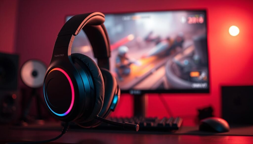 A high-quality gaming headset positioned prominently in the foreground, featuring sleek, modern design elements such as RGB lighting accents and plush ear cushions. The middle ground showcases an atmospheric gaming setup, with a blurred backdrop of a high-resolution monitor displaying an action-packed gaming scene. Soft, dynamic lighting casts a warm glow, highlighting the textures of the headset and creating depth in the image. Use a shallow depth of field to emphasize the headset while softly fading the background. The overall mood is immersive and energetic, reflecting the precision and performance of gaming audio. No captions or text overlays are included.