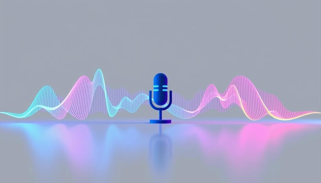 A high-tech soundwave visualization representing the ElevenLabs voice generator, rendered in a sleek, minimalist style. In the foreground, a dynamic, undulating wave form pulses with vibrant colors, symbolizing the AI-generated audio. The middle ground features a stylized microphone or audio interface, hinting at the underlying technology. The background is a crisp, neutral gradient, allowing the key elements to take center stage. Subtle lighting and shadow play lend depth and dimension to the composition, creating an impression of advanced, cutting-edge digital audio engineering.