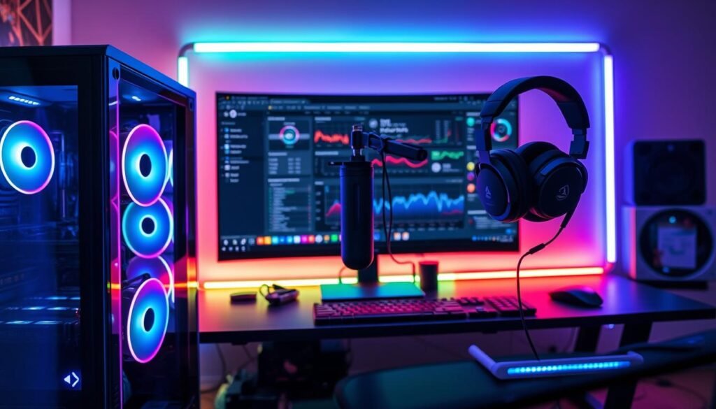 A high-tech streaming setup illuminated with soft, cool lighting that enhances the sleek hardware design. In the foreground, a powerful gaming PC with a transparent case showcasing RGB lights, multiple GPU cards, and advanced cooling systems. In the middle, a large monitor displaying OBS (Open Broadcaster Software) with detailed graphs and settings, flanked by a high-quality microphone on an adjustable arm and professional headphones. In the background, a stylish desktop featuring colorful LED strip lights, ensuring a vibrant and engaging atmosphere. The scene is viewed at a slight angle to capture depth, providing a modern, dynamic feel suitable for an enthusiast's content creation hub. The overall mood is focused and energetic, capturing the essence of optimized streaming without FPS interruptions.