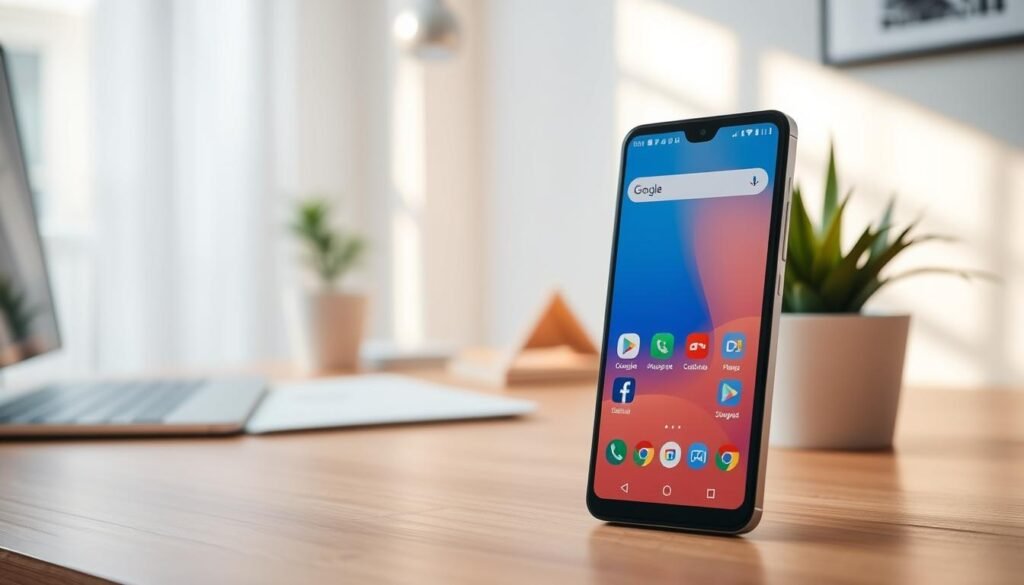 A minimalist workspace showcasing a smartphone displaying the Rootless Launcher with a Pixel Experience interface. In the foreground, the phone is angled slightly to emphasize the clean, bloatware-free app layout, featuring vibrant application icons and a sleek, user-friendly interface. The background is softly blurred to highlight the phone, with a cozy, modern office setting that includes a wooden desk, a small potted plant, and a soft, warm light streaming in through a nearby window, creating an inviting atmosphere. The scene conveys a sense of simplicity and efficiency, embodying the lightweight and battery-saving qualities of the launcher, inspiring a focus on functionality over clutter.