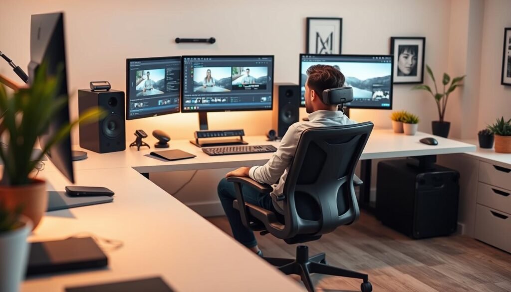 A modern and sleek office workspace designed for content creators, featuring an ergonomic setup. In the foreground, a comfortable desk chair with adjustable features is positioned in front of a large, well-lit desk equipped with multiple monitors showing editing software. A content creator, dressed in smart casual attire, is focused on the screen. The middle ground showcases innovative gadgets and tools designed for efficiency, such as a hot-swap drive and an organized workspace. The background displays aesthetic decor like plants and framed artwork, enhancing creativity. Use soft, natural lighting with a warm ambiance, captured from a slightly elevated angle to emphasize the ergonomic design. The atmosphere is one of productivity and comfort, ideal for content creation.