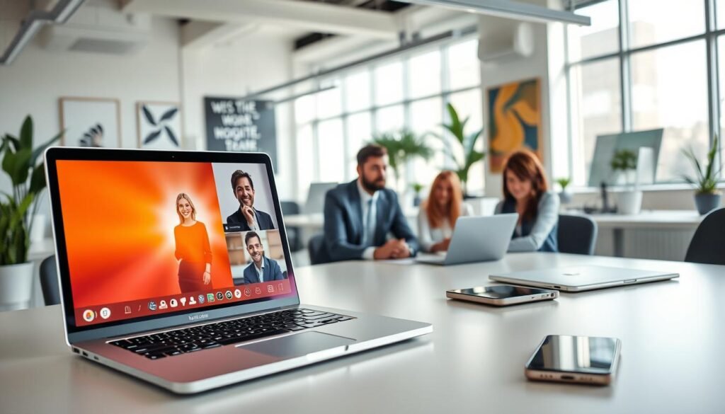 A modern and sleek workspace showcasing the best collaboration software for remote teams. In the foreground, a laptop open to a vibrant interface displaying a video conference call with diverse, professional individuals in business attire engaged in discussion. The middle ground features a stylish desk with additional tech gadgets, including a tablet and smartphone, illustrating connectivity and teamwork. In the background, bright windows let natural light flood in, illuminating a clean and futuristic office environment filled with plants and motivational art. The atmosphere should evoke a sense of productivity, innovation, and seamless collaboration, captured with a wide-angle lens to emphasize the spaciousness and modern design of the workspace.