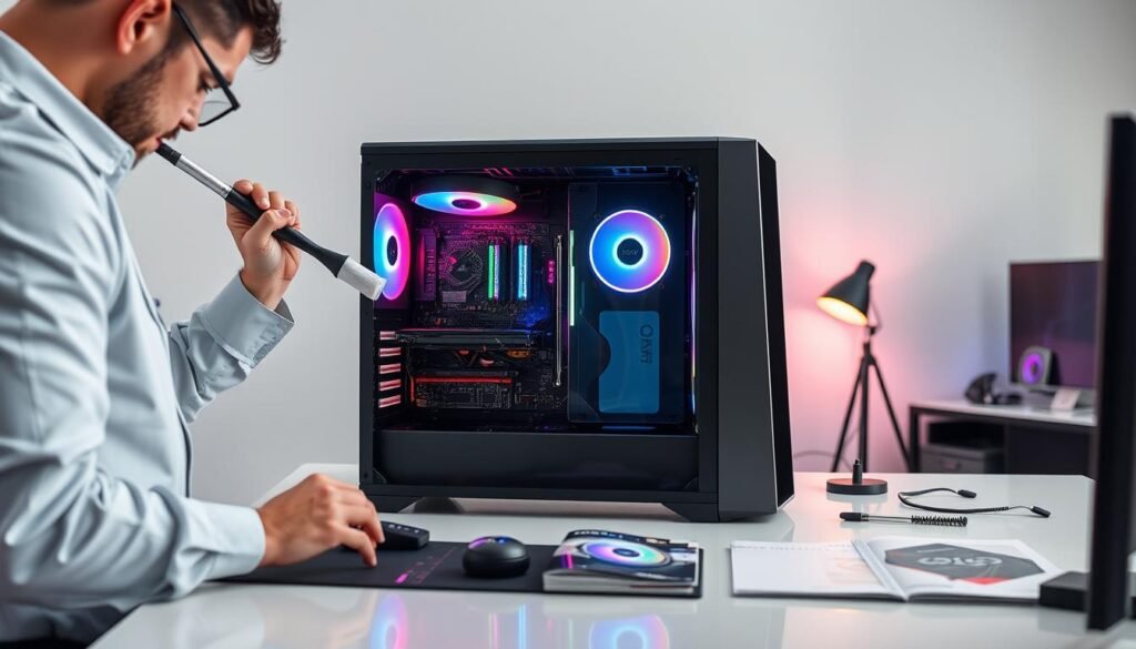 A modern desktop PC setup in a well-lit room, featuring a meticulous clean workspace. In the foreground, a technician wearing professional attire is gently cleaning the computer components with specialized tools, showcasing attention to detail and care. In the middle, the open case of a sleek, high-performance gaming PC reveals vibrant RGB lighting, and upgraded CPU and GPU components. Surrounding the PC, there are carefully organized tools and manuals on a polished desk that highlight the theme of desktop maintenance. The background should display soft, ambient lighting from strategically placed lamps, creating a focused and professional atmosphere. The scene should evoke a sense of diligence and optimization, emphasizing the importance of PC care for peak performance.