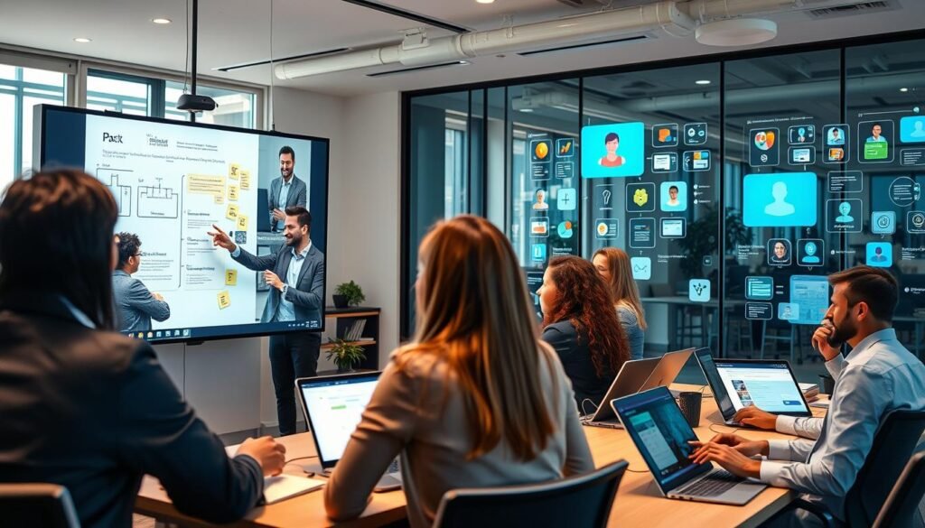 A modern office environment showcasing various collaborative software tools in action. In the foreground, a diverse group of professionals in business attire are engaged in a video conference on a large screen, discussing project strategies. One person gestures towards a digital whiteboard filled with diagrams and sticky notes. In the middle ground, other team members work on laptops and tablets, creating content and sharing documents. The background features glass walls with digital displays highlighting different collaboration apps, and a vibrant, well-lit atmosphere enhances productivity. Soft natural light filters through large windows, ensuring a welcoming and inspiring mood. The scene conveys a sense of teamwork and innovation, emphasizing the importance of collaboration in remote settings.