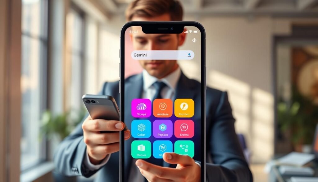 A modern, sleek mobile application interface showcasing the standout features of the "Gemini" app, centered in the foreground. The screen displays a vibrant, user-friendly design with icons representing cloud storage, AI assistance, and premium features in bright colors. In the middle ground, a professional individual, dressed in business attire, interacts with the app on a smartphone, looking impressed and engaged. The background is a soft-focus office environment with a warm, inviting ambiance, indicating productivity and innovation. Soft natural light streams in from a nearby window, enhancing the atmosphere of technological advancement. The composition should evoke a sense of cutting-edge technology and professional success, emphasizing the advanced capabilities of the Gemini application.