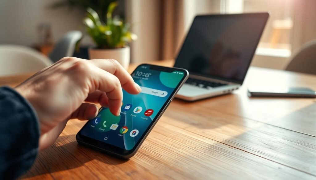 A modern, sleek smartphone displaying an elegant user interface, showcasing various Android launchers on the home screen. In the foreground, a hand is reaching towards the screen, poised to select an app, emphasizing the act of installation. The phone is set on a wooden table, with a soft-focus background of a cozy workspace, featuring a blurred laptop and a plant, adding a warm, inviting atmosphere. The lighting is bright and natural, simulating sunlight streaming through a window, enhancing clarity and color vibrancy. Capture the scene from a slightly elevated angle, focusing on the device while maintaining an inviting, professional mood that motivates viewers to explore new launcher options.