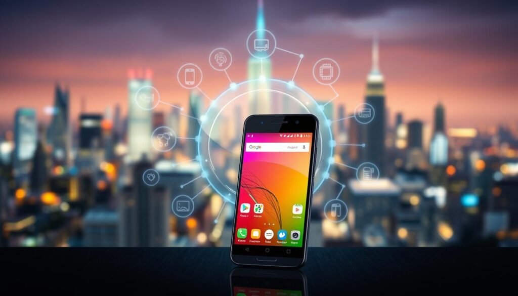 A modern smartphone running the Android operating system, prominently displaying its user interface with vibrant app icons and customizable widgets. The smartphone is positioned in the foreground, showcasing its sleek and modular design with a transparent back revealing its component arrangement. In the middle ground, a stylized representation of a digital ecosystem surrounds the phone, featuring interconnected lines and abstract representations of various software updates, symbolizing longevity and sustainability. The background is softly blurred with a tech-inspired cityscape, illuminated with bright, ambient lighting to convey innovation. The mood is optimistic and forward-thinking, emphasizing the theme of sustainability and long-term support within a modern technological landscape.