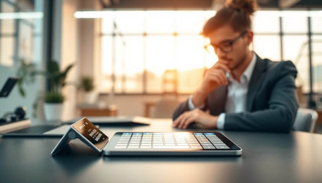 A modern workspace scene featuring a stylish desk with a sleek iOS device displaying various third-party keyboard options. In the foreground, a person in professional business attire is thoughtfully tapping on the device, showcasing their focus on selecting the right keyboard. The middle layer includes an elegant layout of popular keyboard features: swipe gestures, emoji options, and user-friendly interfaces, represented by vibrant icons and graphics. The background portrays a soft-focus of an inspiring office environment with warm, natural lighting filtering through a window, creating a bright and inviting atmosphere. Use a shallow depth of field to emphasize the foreground while maintaining clarity on the keyboard features. The overall mood is engaging, highlighting productivity and choice in technology.