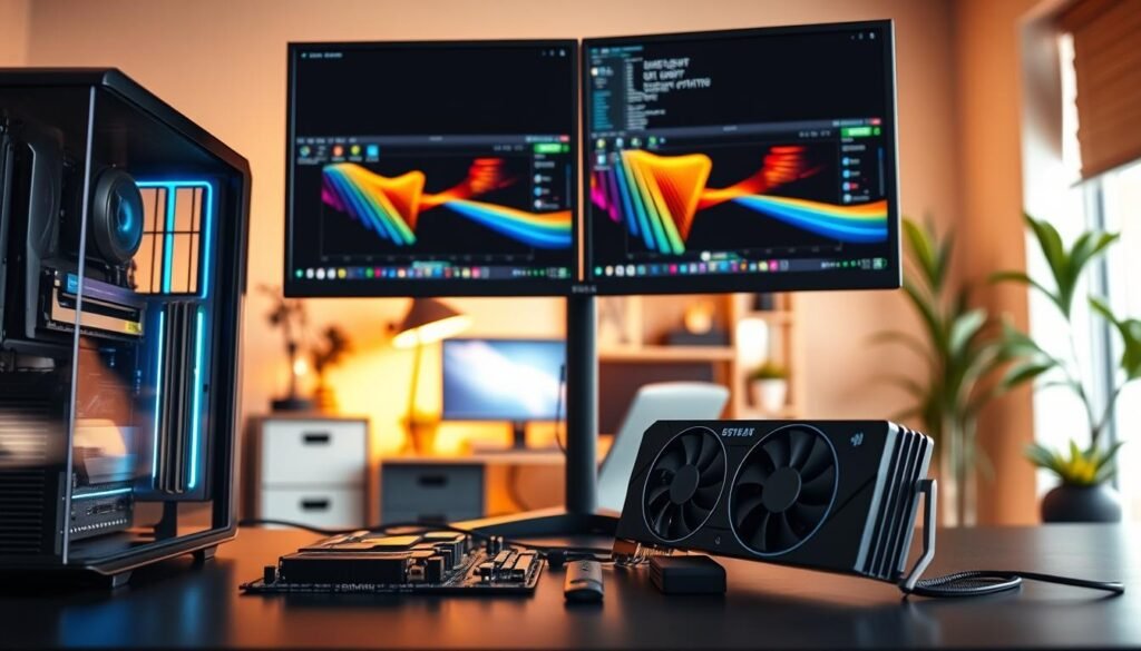 A modern workstation setup featuring a powerful PC configured for four monitors. The foreground shows a sleek desktop with an advanced graphics card prominently displayed alongside various supporting components like a high-quality motherboard, RAM modules, and an efficient cooling system. In the middle, the four monitors extend in a semi-circle, showcasing different applications, with vibrant light emanating from each screen, reflecting productivity. The background includes a soft-focus view of an organized office space with minimalist decor and ambient lighting, creating a focused and professional atmosphere. The scene is illuminated with warm, natural light coming from a nearby window, emphasizing a productive work environment. Include a slight angle to highlight the depth and organization of the components without any text or branding.