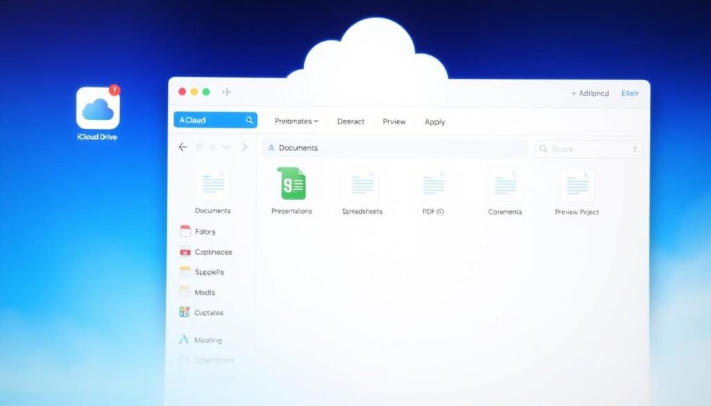 A neatly organized iCloud Drive interface, with various document folders and files displayed in a clean, minimalist layout. The foreground showcases a large, well-labeled "Documents" folder, surrounded by smaller folders like "Presentations", "Spreadsheets", and "PDFs". The middle ground features an intuitive file management system, with options to sort, search, and preview documents. The background subtly depicts a soft, blurred gradient in shades of blue, creating a sense of depth and professionalism. The overall scene conveys a streamlined, efficient, and user-friendly iCloud Drive experience, ideal for managing and accessing important documents on iOS 17.