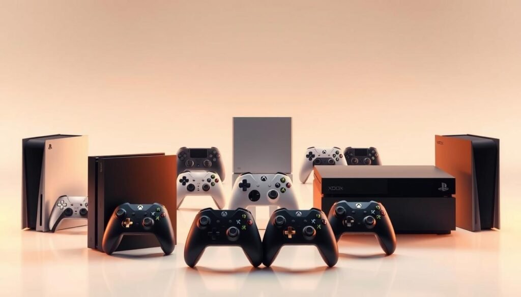 A pristine collection of exclusive gaming consoles, meticulously arranged against a sleek, minimalist backdrop. In the foreground, the latest PlayStation and Xbox models take center stage, their angular designs and glossy surfaces illuminated by warm, directional lighting. The middle ground showcases a variety of controller designs, each representing the distinct identities of the platforms. In the background, a subtle gradient of neutral tones creates a sense of depth and balance, allowing the consoles to command the viewer's attention. The overall composition exudes a sense of power, innovation, and the fierce competition between the two gaming giants.