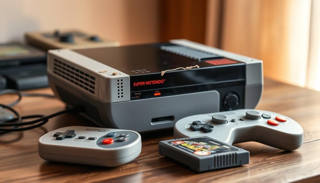 A retro-styled video game console sitting on a wooden surface, with classic controller and vintage game cartridges scattered around it. The console has a worn, weathered appearance, hinting at its legacy of compatibility with older game titles. Soft, warm lighting illuminates the scene, creating a nostalgic atmosphere. The background is slightly blurred, keeping the focus on the console and its associated accessories, evoking a sense of timeless gaming. The overall composition suggests the enduring appeal of backward compatibility, allowing players to revisit cherished gaming experiences from previous generations.