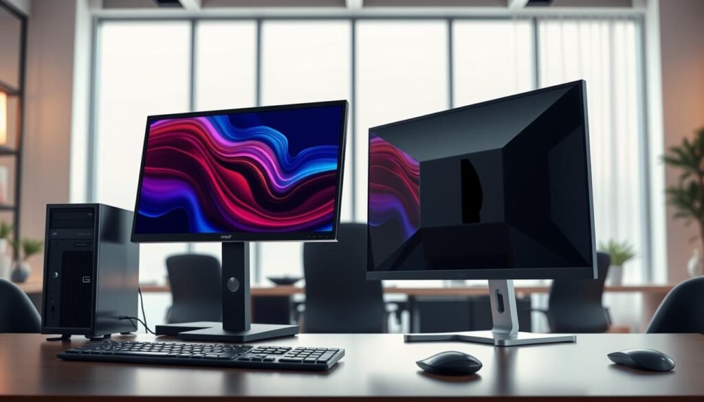 A side-by-side comparison of a traditional desktop PC and an all-in-one PC, showcasing their unique designs and features. In the foreground, display the traditional desktop setup with a separate monitor, keyboard, and tower, emphasizing its modular components like a hot-swap drive. In the middle, present the all-in-one PC, highlighting its sleek, integrated design and minimalist aesthetic. The background features a modern office environment with soft, natural lighting, creating a professional and inviting atmosphere. Use a slightly elevated camera angle to capture both setups from an engaging perspective, ensuring that the details of the hardware are clearly visible. The image should evoke a sense of innovation and functionality ideal for content creators.