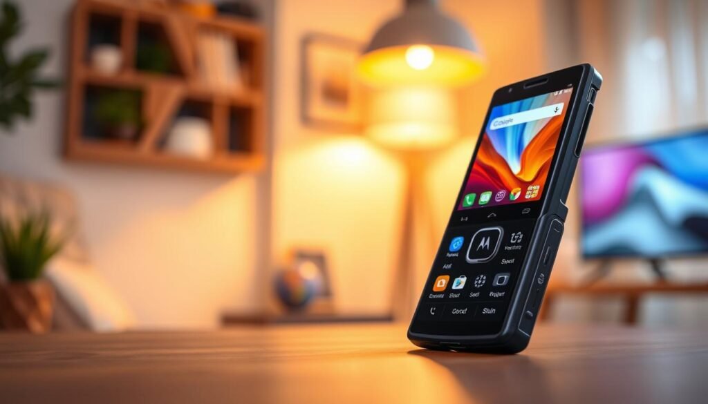 A sleek and modern Motorola Razr 50 Ultra smartphone in a flip design, prominently displaying its large external screen. The foreground features the smartphone opened at a slight angle to showcase the vibrant, high-resolution display, reflecting a dynamic user interface. The middle ground includes a soft-focus background of a cozy, contemporary workspace with warm lighting, emphasizing a tech-savvy atmosphere. The external screen should highlight vivid app icons and notifications, indicative of its capabilities. The lighting is bright yet soft, creating an inviting feel, while the angle captures the elegance of the device from a slight low perspective, enhancing its premium look. The overall mood is modern, innovative, and engaging, suitable for a technology-focused article.