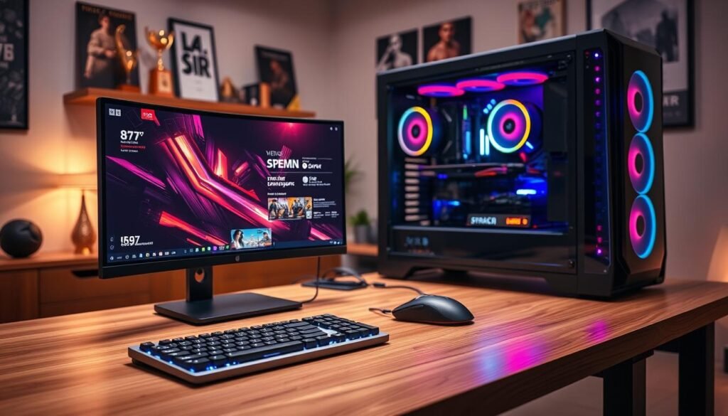 A sleek and modern desktop PC setup, prominently featuring a high-performance gaming rig showcasing glowing RGB lighting. In the foreground, a polished wooden desk holds a large curved monitor displaying streaming software and vibrant graphics, alongside a compact mechanical keyboard and an ergonomic gaming mouse. The middle ground features the desktop tower, designed with transparent panels revealing intricate internal components like high-speed fans and colorful circuitry. The background is softly blurred, suggesting a stylish room with subtle ambient lighting, perhaps a shelf of gaming trophies or posters that enhance a tech-savvy atmosphere. The lighting is warm and inviting, creating a focused yet relaxed mood, with a slight bokeh effect emphasizing the desktop components.
