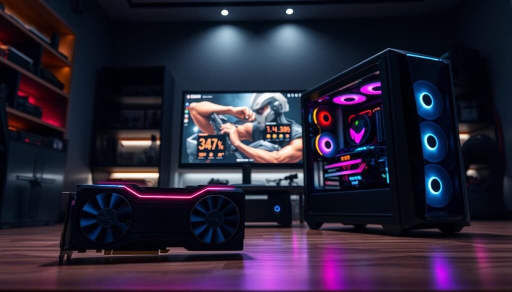 A sleek and modern gaming PC setup displayed prominently in the foreground, showcasing high-end components like an illuminated graphics card, powerful CPU cooler, and RGB lighting. The middle ground features a stylish monitor displaying performance metrics and game visuals, emphasizing superior graphics capabilities. The background is a dimly lit, organized room with ambient backlighting that enhances the high-tech atmosphere. Soft shadows play across the surfaces, creating depth. The scene is captured from a slightly elevated angle, lending a dynamic perspective to the composition. The overall mood conveys a sense of excitement and sophistication, suitable for conveying the value proposition of gaming PCs. Ensure no text or branding appears in the image.