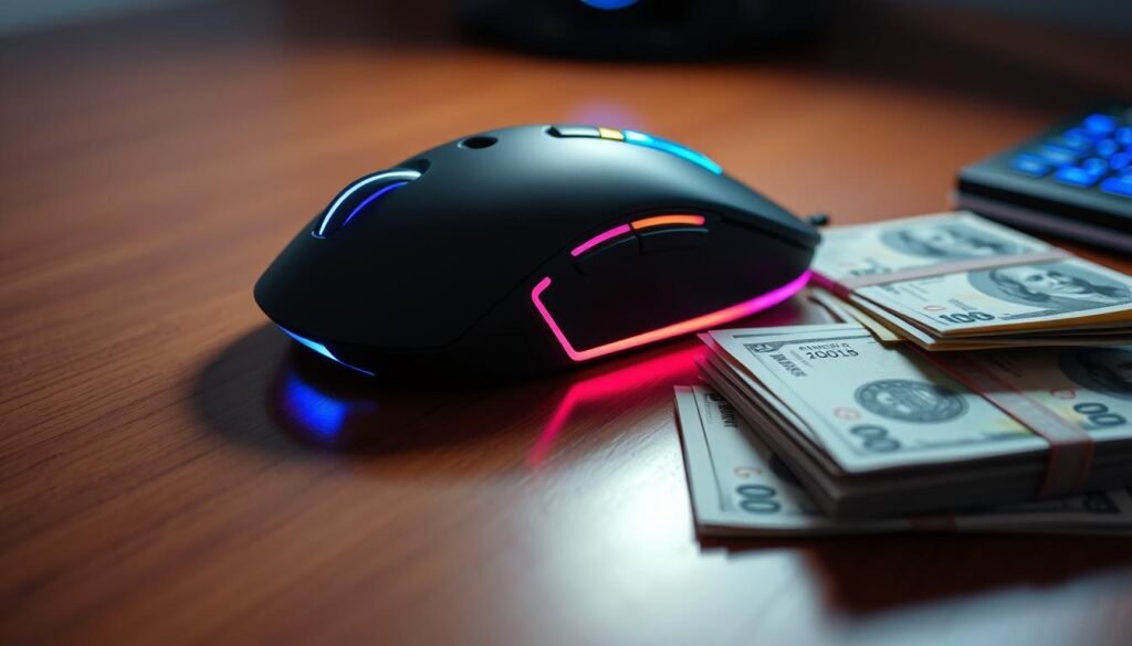 A sleek gaming mouse rests on a polished wooden desk, its smooth curves and vibrant RGB lighting catching the eye. The mouse is flanked by stacks of currency, symbolizing the investment potential for serious gamers seeking a high-performance peripheral. Soft, directional lighting illuminates the scene, creating a sense of depth and emphasizing the interplay between the technology and financial elements. The overall composition conveys the idea of an "Investasi Mouse Gaming" - a strategic purchase that can yield long-term benefits for competitive gaming and beyond.