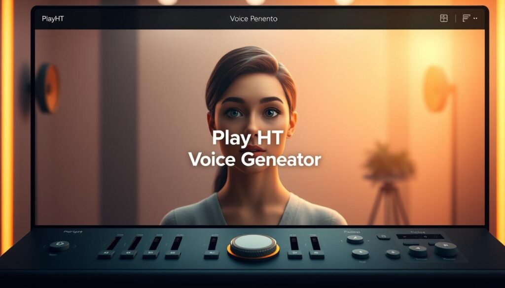 A sleek, minimalist user interface showcasing the PlayHT Voice Generator, bathed in warm, soft lighting. The foreground features the main control panel with intuitive sliders and buttons for adjusting voice parameters like pitch, timbre, and inflection. In the middle ground, a high-fidelity, lifelike avatar speaks the words "PlayHT Voice Generator" in a natural, expressive manner. The background subtly blurs into an elegant, professional studio setting, hinting at the powerful AI technology powering this voice synthesis tool. The overall mood is one of sophistication, precision, and ease of use, inviting the viewer to explore the capabilities of this innovative voice generation software.