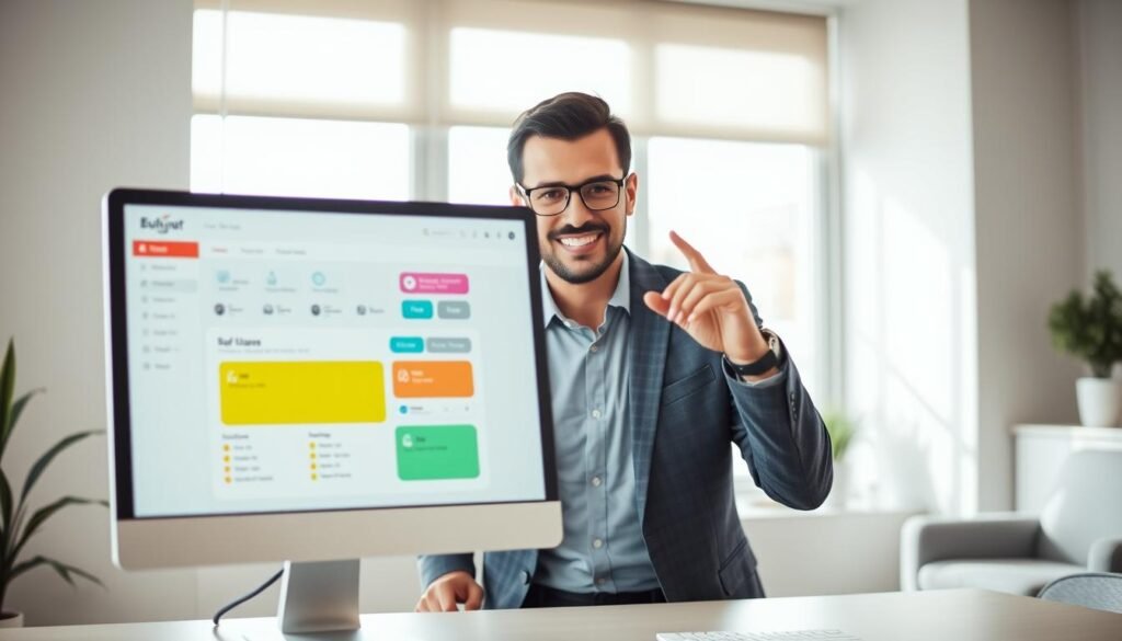 A sleek, modern computer interface that exudes user-friendliness. In the foreground, a clean desktop screen showcases an intuitive software dashboard featuring bright, inviting colors and large, easily navigable buttons. The middle layer includes a professional individual dressed in smart casual attire, interacting with the interface, their expression reflecting confidence and ease of use. In the background, a softly lit office environment with minimalistic decor provides a comforting, non-distracting atmosphere. Natural light filters in from a nearby window, creating a warm and inviting ambiance. The overall mood is one of empowerment and accessibility, emphasizing the simplicity and approachability of modern software for non-technical users. The composition is shot from a slightly elevated angle, focusing on the interface while capturing the person's engagement with it.