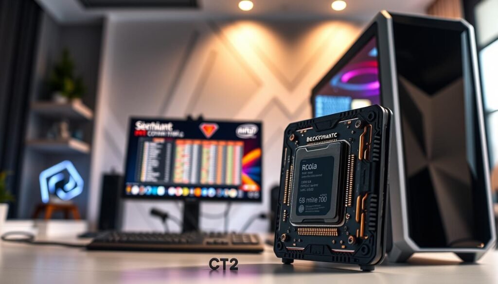 A sleek, modern desktop computer setup showcasing the latest-generation CPU prominently in the foreground, featuring intricate details like advanced cooling systems, multiple cores, and a glossy finish. The middle ground includes an elegant, high-resolution monitor displaying benchmark results, with a tech-savvy workspace illuminated by soft, ambient lighting that conveys a professional atmosphere. The background is subtly blurred, showcasing a minimalistic home office with hints of futuristic design elements, such as geometric patterns and metallic accents. The overall mood is inspiring and cutting-edge, emphasizing innovation and performance, captured with a shallow depth of field, bright yet soft lighting, and a dynamic angle that highlights the CPU's sophistication without any distractions.