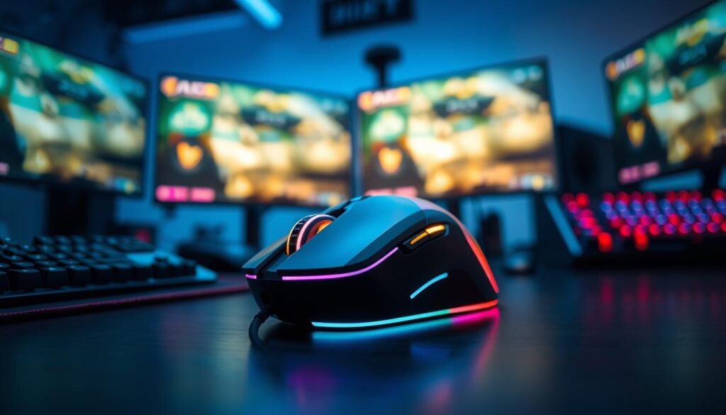 A sleek, modern gaming mouse designed for professional e-sports, prominently displayed in the foreground. The mouse features an ergonomic shape, customizable RGB lighting, and high-precision sensors. Surrounding it are subtle gaming peripherals like a vibrant mousepad and a dynamic mechanical keyboard, creating a cohesive gaming environment. In the background, a softly blurred high-tech gaming setup, including multiple monitors displaying competitive gameplay, adds depth to the composition. The lighting is dramatic with a cool color palette, highlighting the mouse and peripherals, while creating a focused and serious atmosphere. The scene captures the essence of professional gaming, showcasing the mouse as a key tool for e-sport athletes.