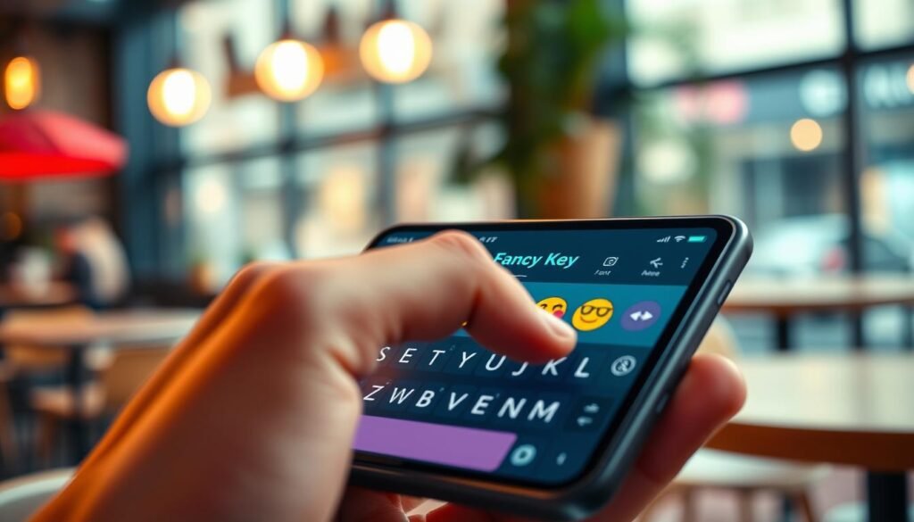 A sleek, modern smartphone displaying the FancyKey keyboard with vibrant, artistic custom fonts. In the foreground, focus on the keyboard interface showcasing various attractive font styles, with emoji options artistically integrated. The middle ground features a hand elegantly swiping across the keys, accentuating the smooth user experience and interaction with the keyboard. The background displays a softly blurred urban cafe setting with warm, inviting lighting, creating a cozy and contemporary atmosphere. The lighting should be soft with a slight glow, emphasizing the vivid colors of the keyboard and the fluid motion of the user's hand. Capture this scene from a slightly elevated angle to provide depth and focus on the details of the keyboard and the surrounding ambiance without any text or distractions.