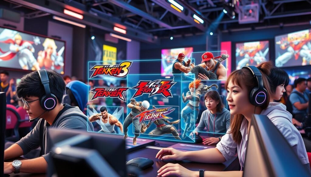 A vibrant and dynamic scene depicting various popular e-sports genres. In the foreground, showcase a diverse group of professional gamers, including men and women of different ethnicities, dressed in casual yet stylish gaming attire, intently focused on their high-tech gaming setups. In the middle, visualize iconic game elements from fighting games like Tekken 8, Street Fighter 6, and Guilty Gear, illustrated as holographic displays around the gamers. Include vivid action shots of characters from these games, capturing their signature moves. The background features a futuristic e-sports arena with colorful LED lights, cheering fans, and a large screen displaying game highlights. The lighting is bright and energetic, creating an exciting and competitive atmosphere that reflects the thrilling world of e-sports.