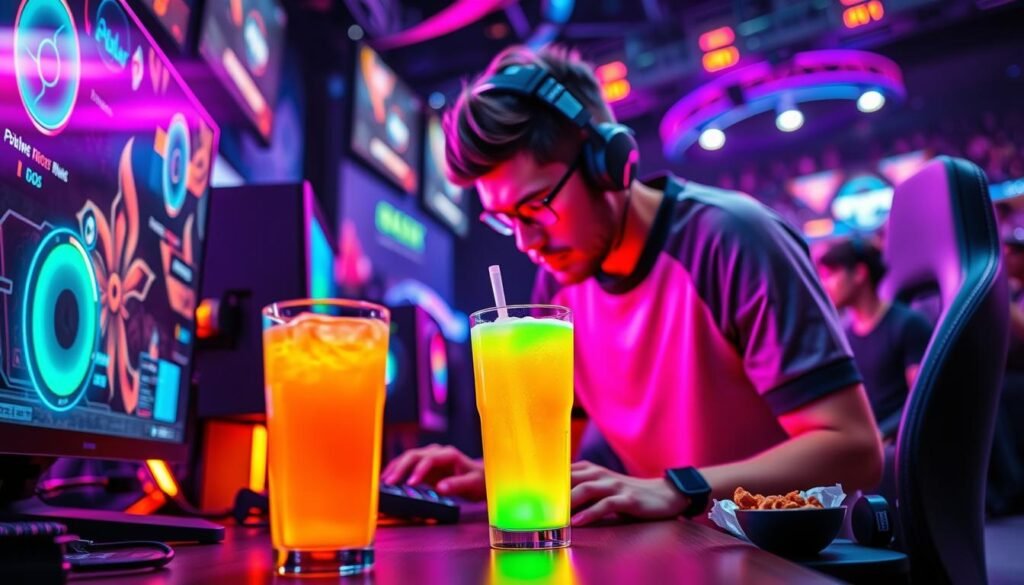 A vibrant and energetic scene featuring a professional esports player focused on a unique, colorful health drink designed to boost focus and stamina. In the foreground, a sleek glass tumbler filled with a glowing, neon green beverage sits on a gaming desk, surrounded by high-tech gaming equipment. The player, dressed in a stylish, modest esports jersey, leans forward in concentration, illuminated by dynamic RGB lighting from the computer setup. In the middle ground, other gaming gear and snacks can be seen, hinting at an intense gaming session. The background displays a bold and futuristic esports tournament environment, with blurred screens and cheering fans, creating an atmosphere of competition and excitement. The lighting is bright and dynamic, emphasizing the focus and energy of the scene.